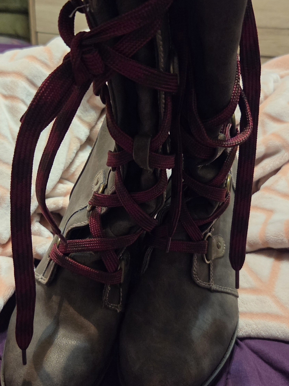 Lace-Up Combat Boots with Burgundy Laces